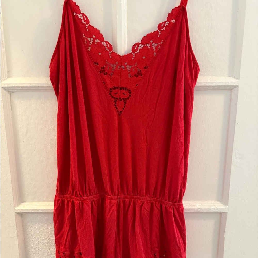 Eberjey Red Lace Trim Romper Pajamas